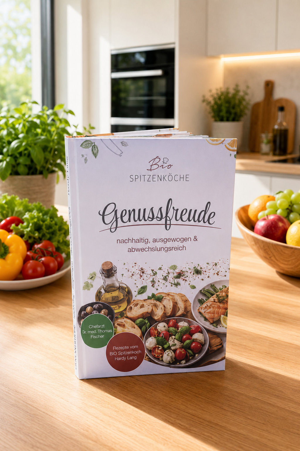 Das Kochbuch Genussfreude auf einem Küchentisch mit Kräutern, Tomaten und mediterranen Zutaten.